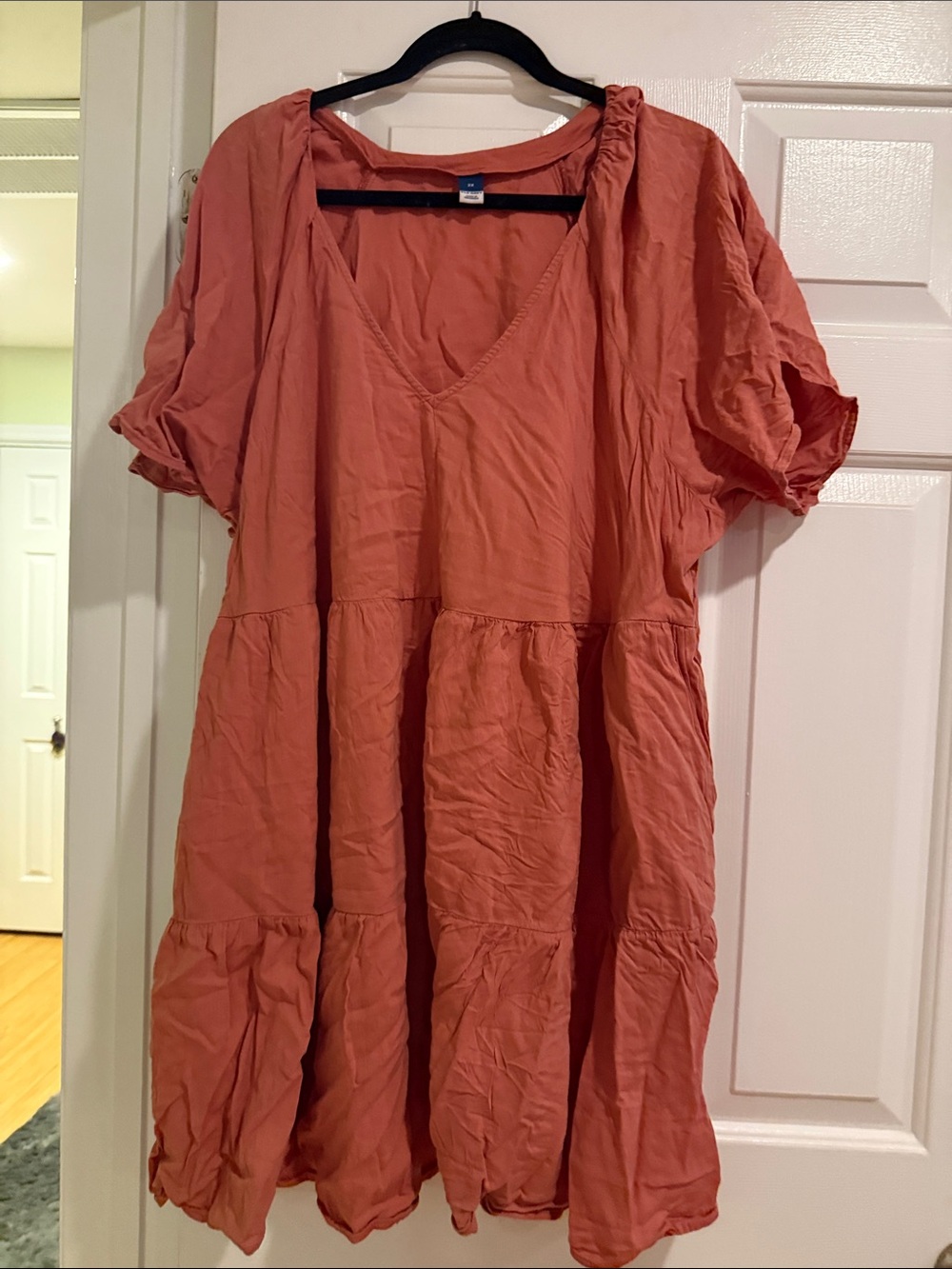 Rust Coral Tiered V-Neck Babydoll Pocket Dress